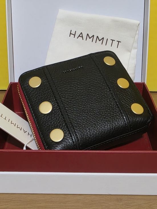 Hammitt Handbags - Hammitt Black Leather Zip Wallet with Gold Stud Accents and Red Zip